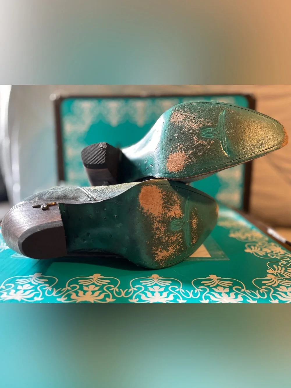 LANE Women's Teal Distressed Leather Western Ankle Boots